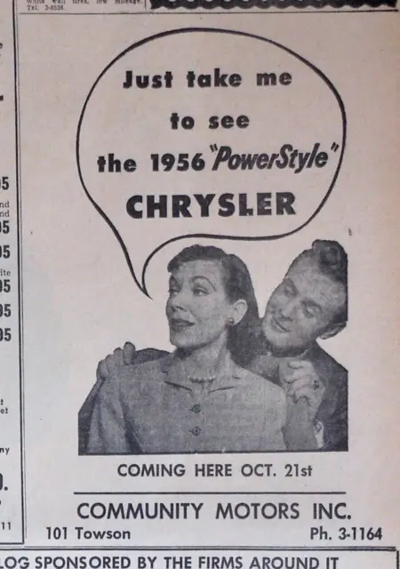1955 newspaper ad for 1956 Chrysler - Just take me to see PowerStyle Chrysler