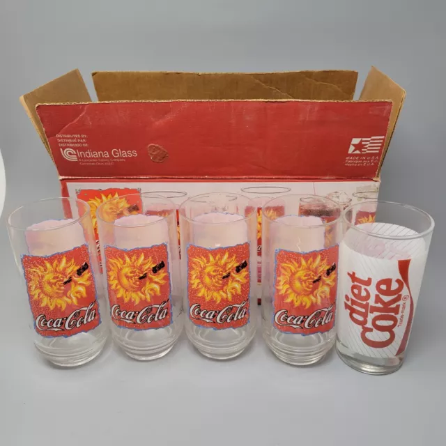 Coca-Cola Sun and Diet Coke Vintage Glass Cups Lot of 5 Indiana Glass