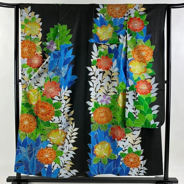 Japanese Kimono Furisode Pure Silk Flower Gold Thread Gold Paint Ink Black
