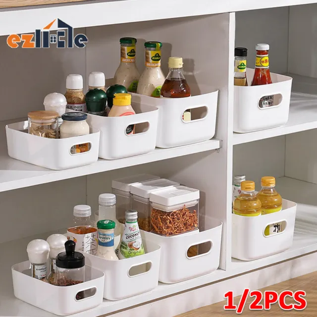 2x Plastic Storage Box w/ Handle Container Organiser Crate Basket Office Kitchen