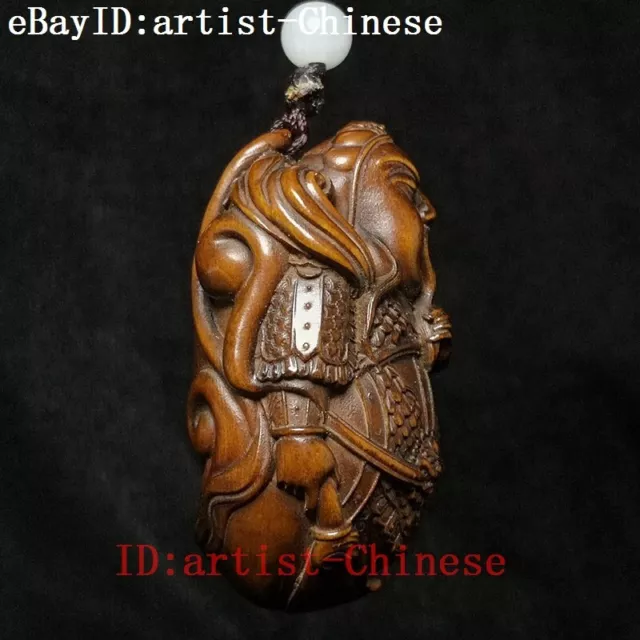 2.4" Old Chinese boxwood hand carved person Guan Yu god of wealth Statue netsuke 2