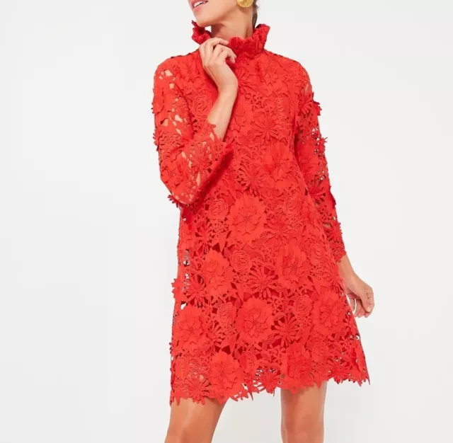 Tuckernuck Red Guipure Lace Daphne Floral Applique Bow-Neck Shift Dress Small