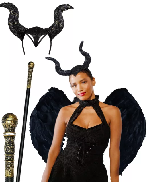 Adult Black Devil Angel Feather Wings Horns & Cane Halloween Fancy Dress Costume