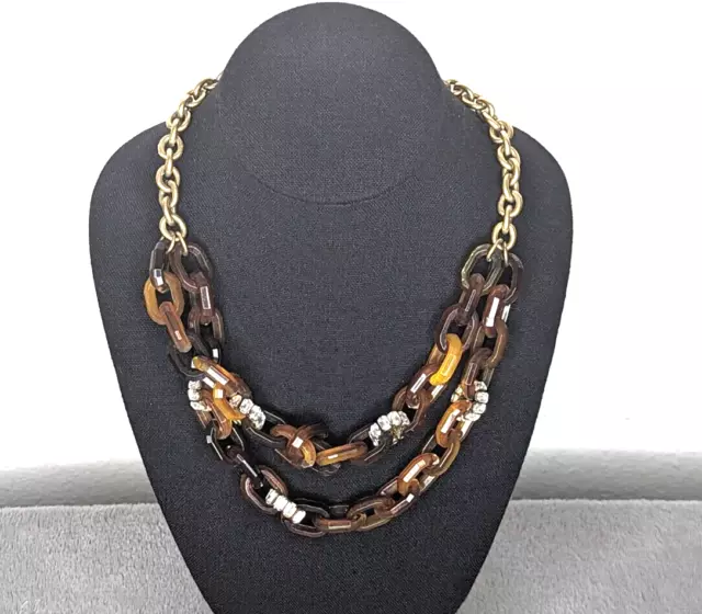 J Crew Necklace Gold Tone Chunky Tortoise Print Rhinestone Layered Link