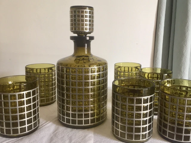 Ancien Service  6 Verres + carafe a wisky en verre Ambré Vert Kaki