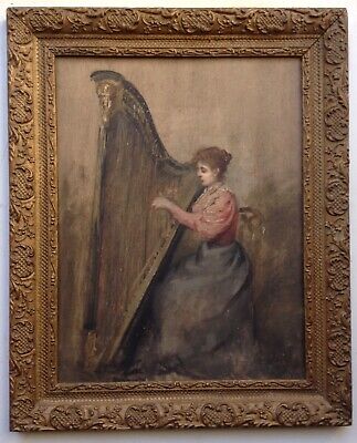 19th Century Portrait Lady Musician Playing the Harp French School Oil C.1870