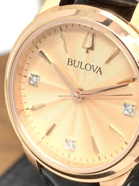 Bulova Women's Watch 97P151 Quartz Diamond Accent Rose Gold Black Leather Band