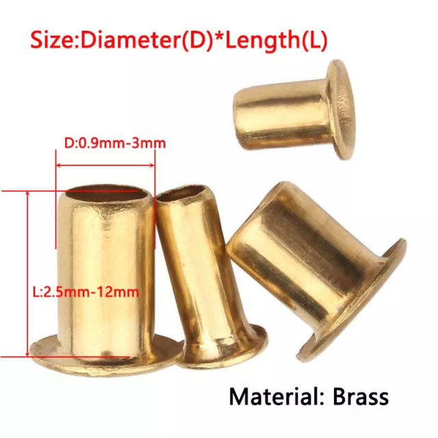 Brass Tubular Hollow Rivet Nails OD 0.9mm 1.3mm 1.5mm 1.7mm 2mm 2.3mm 2.5mm 3mm