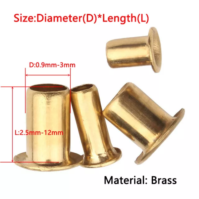Unghie rivetto tubolare cavo ottone OD 0,9 mm 1,3 mm 1,5 mm 1,7 mm 2,3 mm 2,5 mm 3 mm
