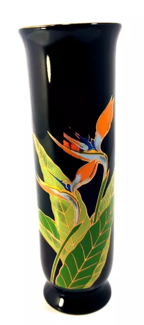 Birds of Paradise Otagiri Bud Vase Black With Design Gold Accents, **Marks READ!