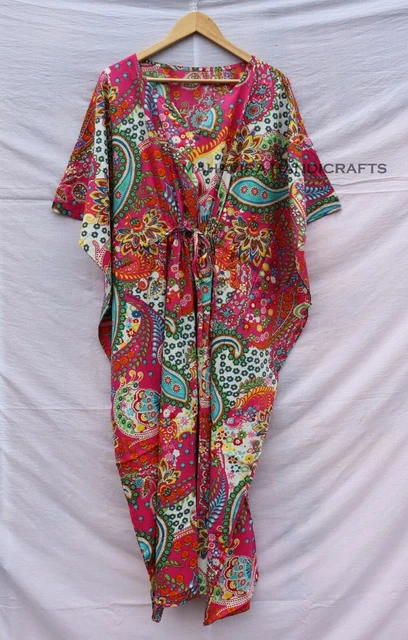 Cotone Sciolto Maniche Corte Paisley Stampa Rosa Taglia Unica Boho Caftano Abito