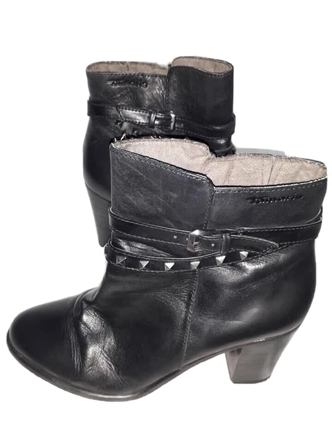 ⭐TAMARIS⭐Femme Bottines Noir Cuir Haut Talon Ankle Boots Botas Pointure 38