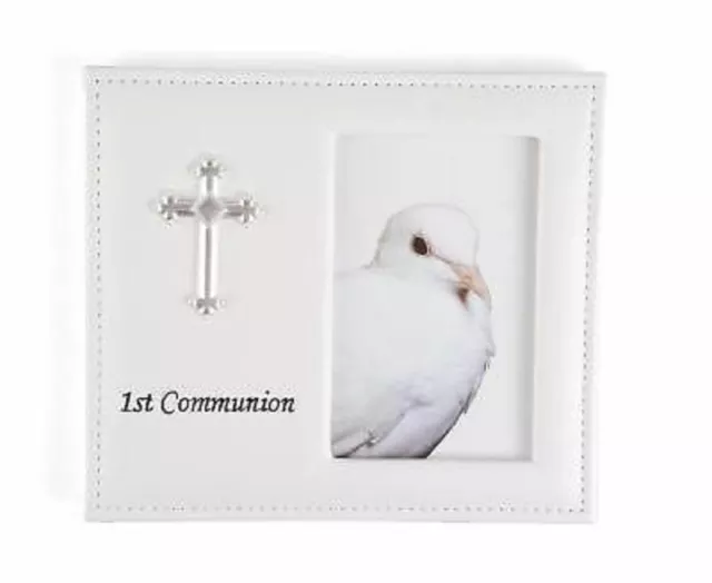 FIRST HOLY COMMUNION WHITE VINYL LEATHER PHOTO FRAME WITH CROSS 4"x 6" 2