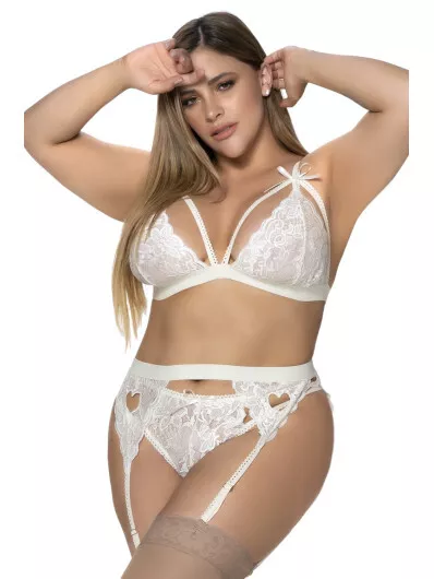 Ensemble 3 pièces ivoire grande taille soutien-gorge string porte-jarretelles -