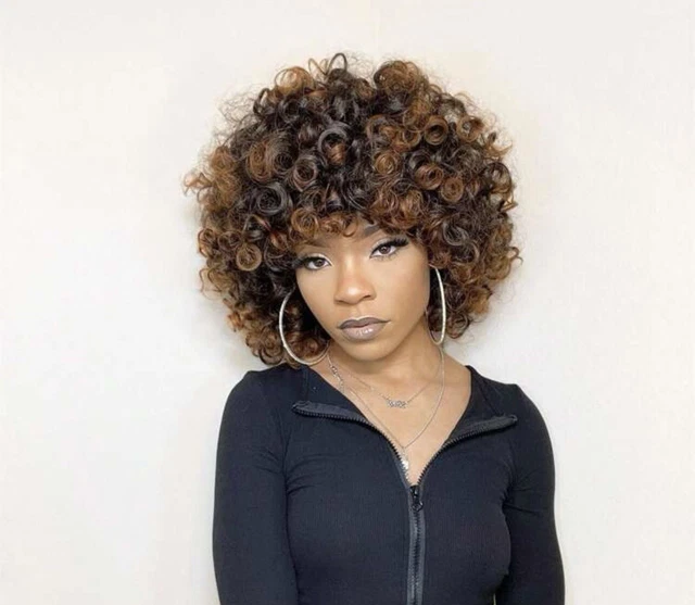 Perruque Synthétique Afro Bouclée Brun Doré - Courte - Bonnet Inclus - Neuf