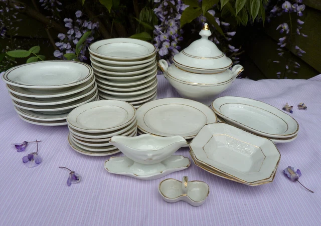 ANTIQUE MINIATURE DINNER Set Service Childs Gilt Trim Porcelain 33