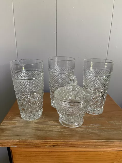 3 vintage Wexford water Glasses and matching sugar dish with lid