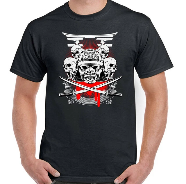 Samurai Skulls & Swords Mens Gym T-Shirt MMA UFC Martial Arts Biker Training Top