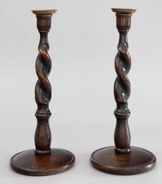 Pair of Antique English Oak Barley Twist Candlesticks Candle Holders circa 1900