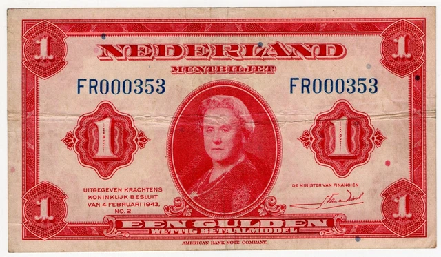1943 Netherlands One 1 Gulden Low Serial #000353  World Banknote Nice Bill P64