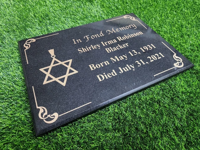 Jewish Star Black Granite Memorial Grave Plaque Engraved Stone Cemetery Marker