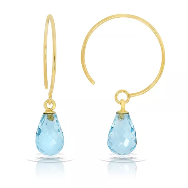 Natural Blue Topaz Gemstone Hoop Earrings 1.35 Carat Real Solid 14k Yellow Gold