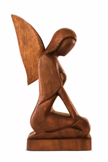 Wooden Hand Carved Abstract Sculpture Statue "Kneeling Angel" Decor Art Figurine
