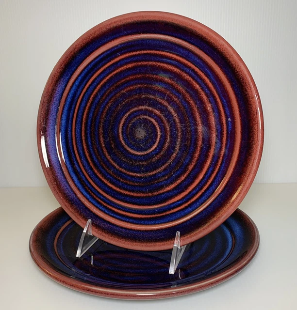 Pair of Studio Art Pottery Fuschia & Blue Swirled Wheel Thrown Plates 9.5"