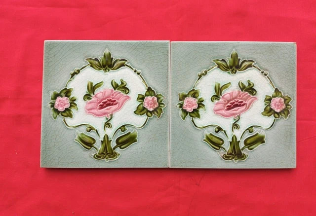 2 Piece Old Art Floral Design Embossed Majolica Ceramic Tiles England 0146