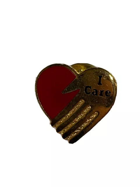 Vintage  I Care Heart Gold Tone & Red Enamel Lapel Pin, Tie Tack