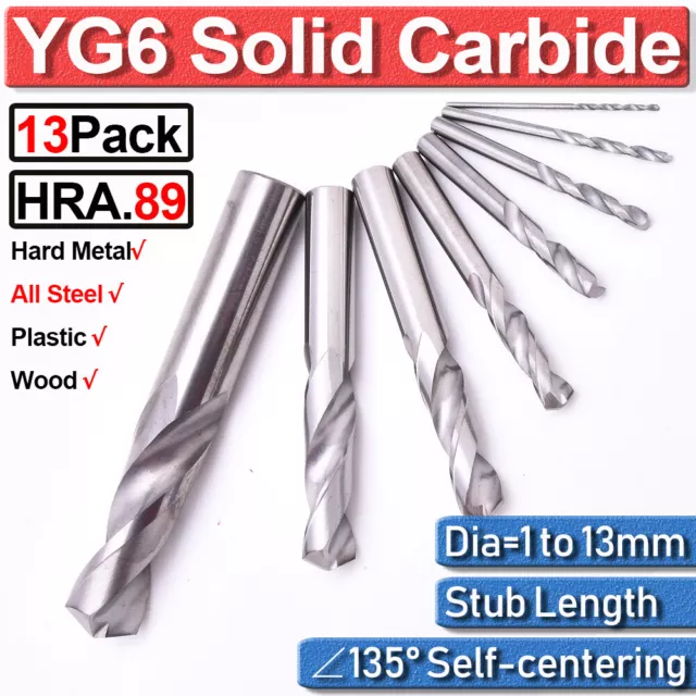 1-13mm 135° HRA.89 Jobber Twist Drill Bits Stainless Steel YG6 Carbide Stub Bit
