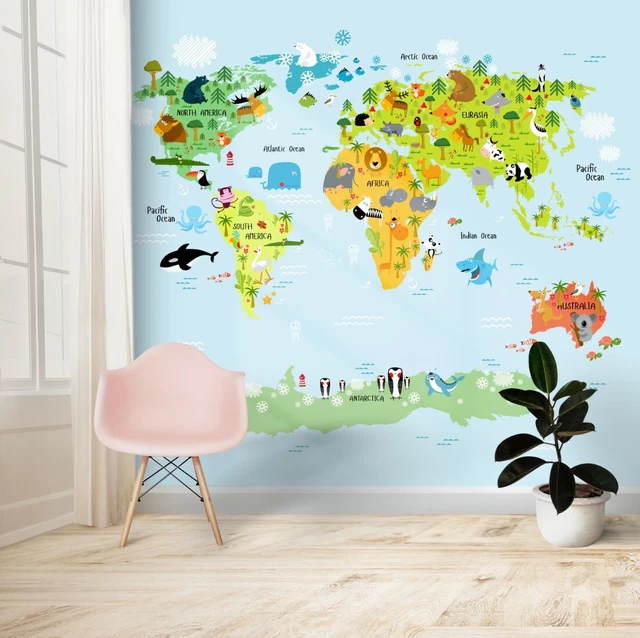 ANIMALS OF THE WORLD MAP Childrens Wallpaper wall mural 2.4x 2.3m Self