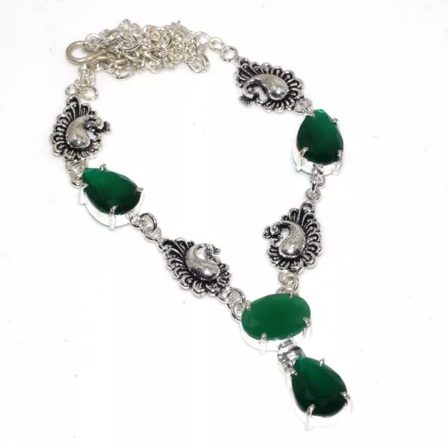 925 Silver Plated-Green Onyx Ethnic Gemstone Handmade Necklace Jewelry 18" AU l3