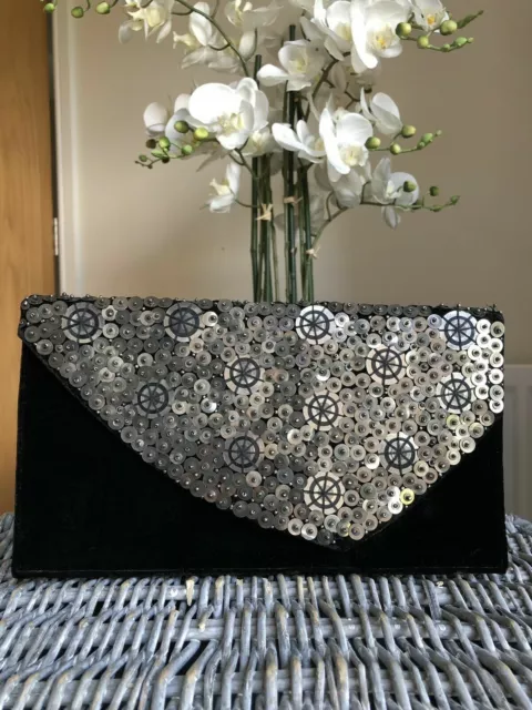 French Connection Amoures Black Velvet sequins clutch bag envelope style purse