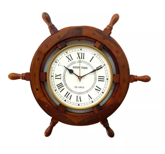 18" Maritime Wooden Wall Clock Antique Ship Wheel Nautical Home Office Decor