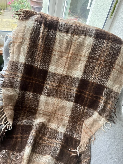 Vintage Throw Small  Wool Brown Beige Tartan Check Mohair