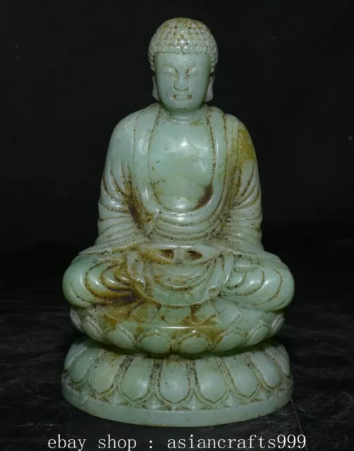 5.6" Seltene alte chinesische grüne Jade Feng Shui Shakyamuni Buddha Statue