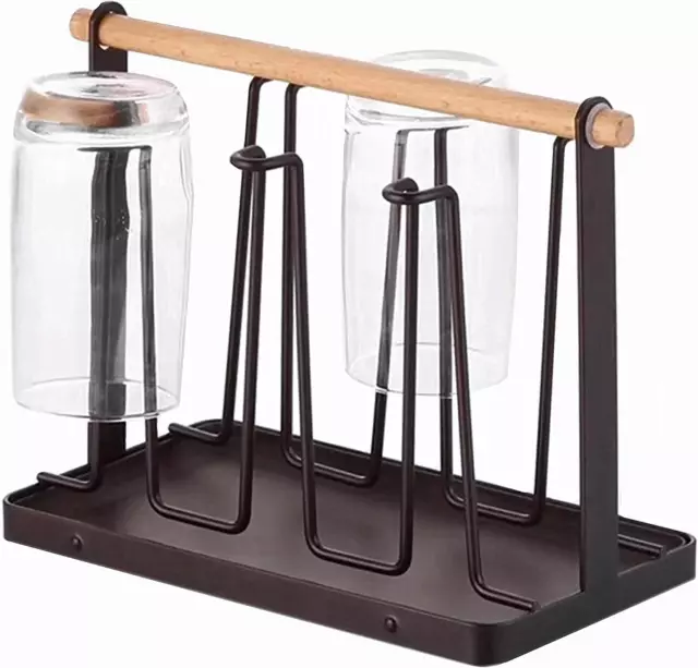 6 Cups Mug Glass Stand Holder Metal,Cup Drying Rack Stand With Drain Tray NEW