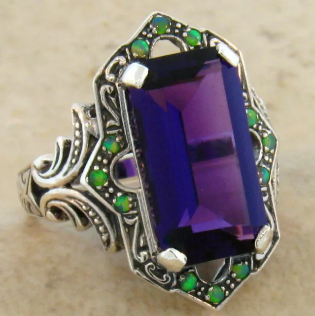 Victorian Style Lab-Created Amethyst & Opal 925 Sterling Silver Ring        #463