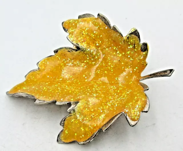 VTG BIG COLORFUL FALL AUTUMN METAL ENAMEL LEAF Brooch Pin Silver tone yellow