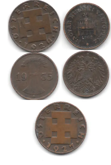 Pre World War II Austria-Hungary & German 5 (five) Coin Lot 1902-1935