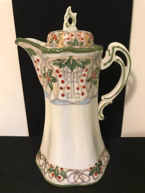 Vintage Japanese Porcelain Chocolate Pot Hand Painted Green And Red Floral