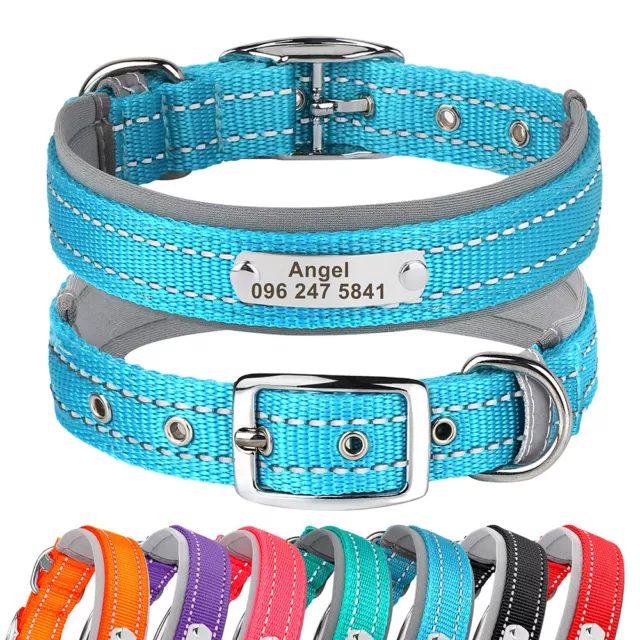 Personalised Dog Collar Reflective Nylon Soft Padded Custom Name ID Engraved