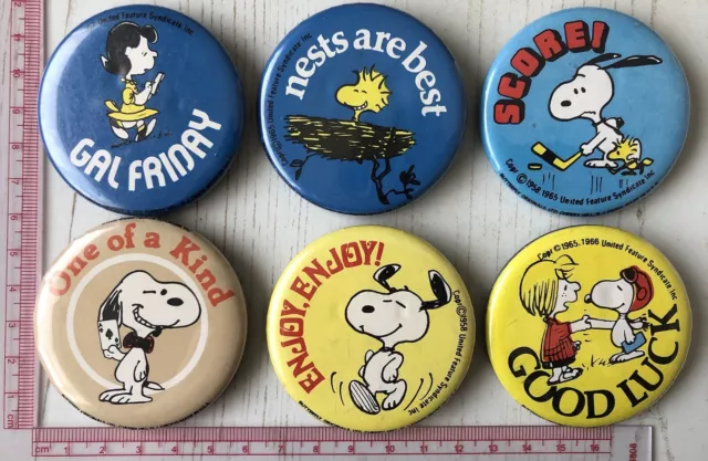 6x VTg Og Snoopy 57mm Pin Badges Job Lot Peanuts Cartoon Charlie Brown 1970s