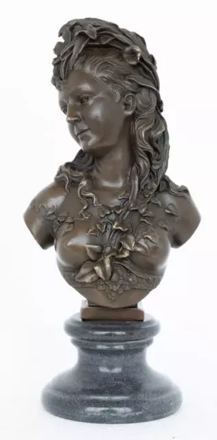 Bronze Lady Bust - Classical Maiden with Flowers - Solid Marble Base - Signed