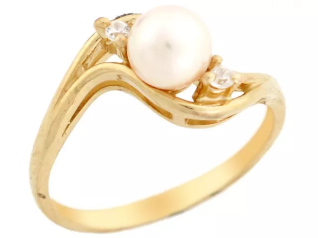 10k or 14k Solid Yellow Gold Freshwater Cultured Pearl and CZ Swirl Promise Ring