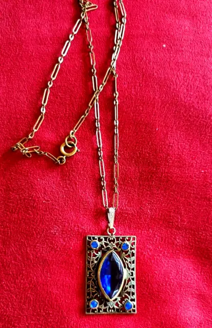 Vintage Art Deco Large Cobalt Blue Faceted Czech Glass Marquis Filigree Necklace