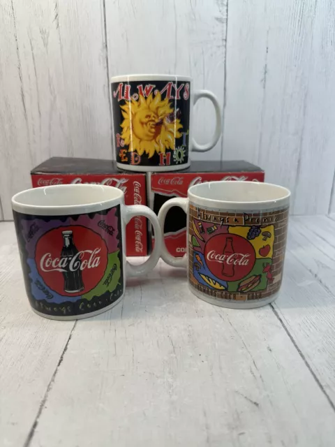 Three Always Coca Cola Mugs 1995 Vintage Sun Picnic Neon 2 in Box Enesco