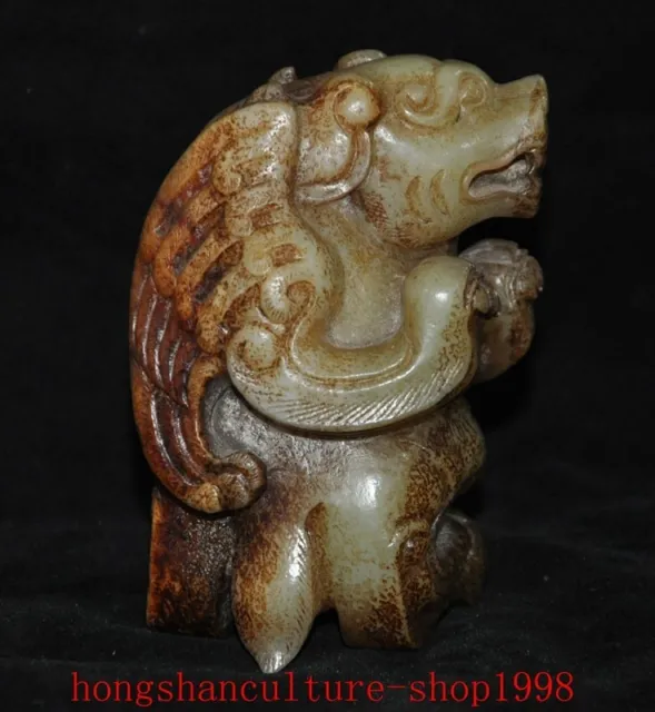 4" old Han Dynasty natural hetian jade weird fly bear fengshui sacrifice statue