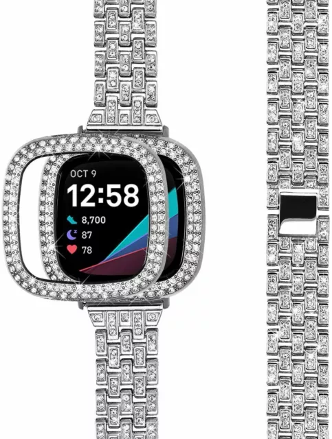 Bling Metal Strap Stainless Steel Watch Band+Cover Case For Fitbit Versa 3/Sense